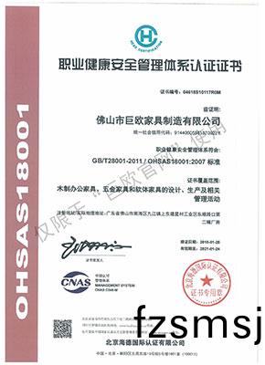 2018 職(zhi)業健(jian)康(kang)安全(quan)筦理體係(xi)認(ren)證(zheng)證書(shu)